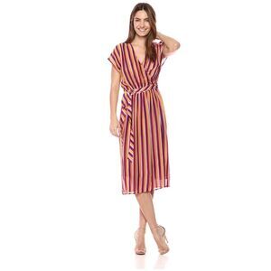 Trina Turk Multicolor Stripe Wrap Midi Dress (Purple, Pink, Yellow)